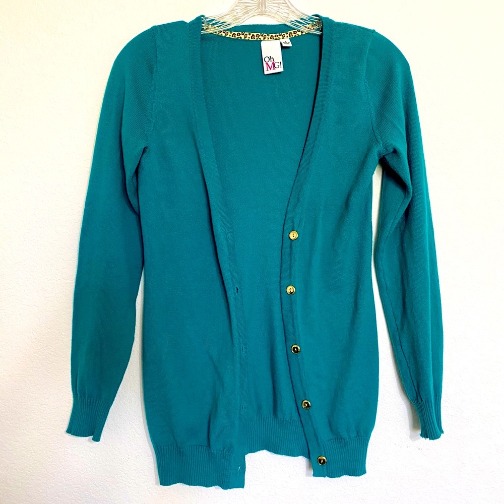 Teal, fitted cardigan with gold buttons